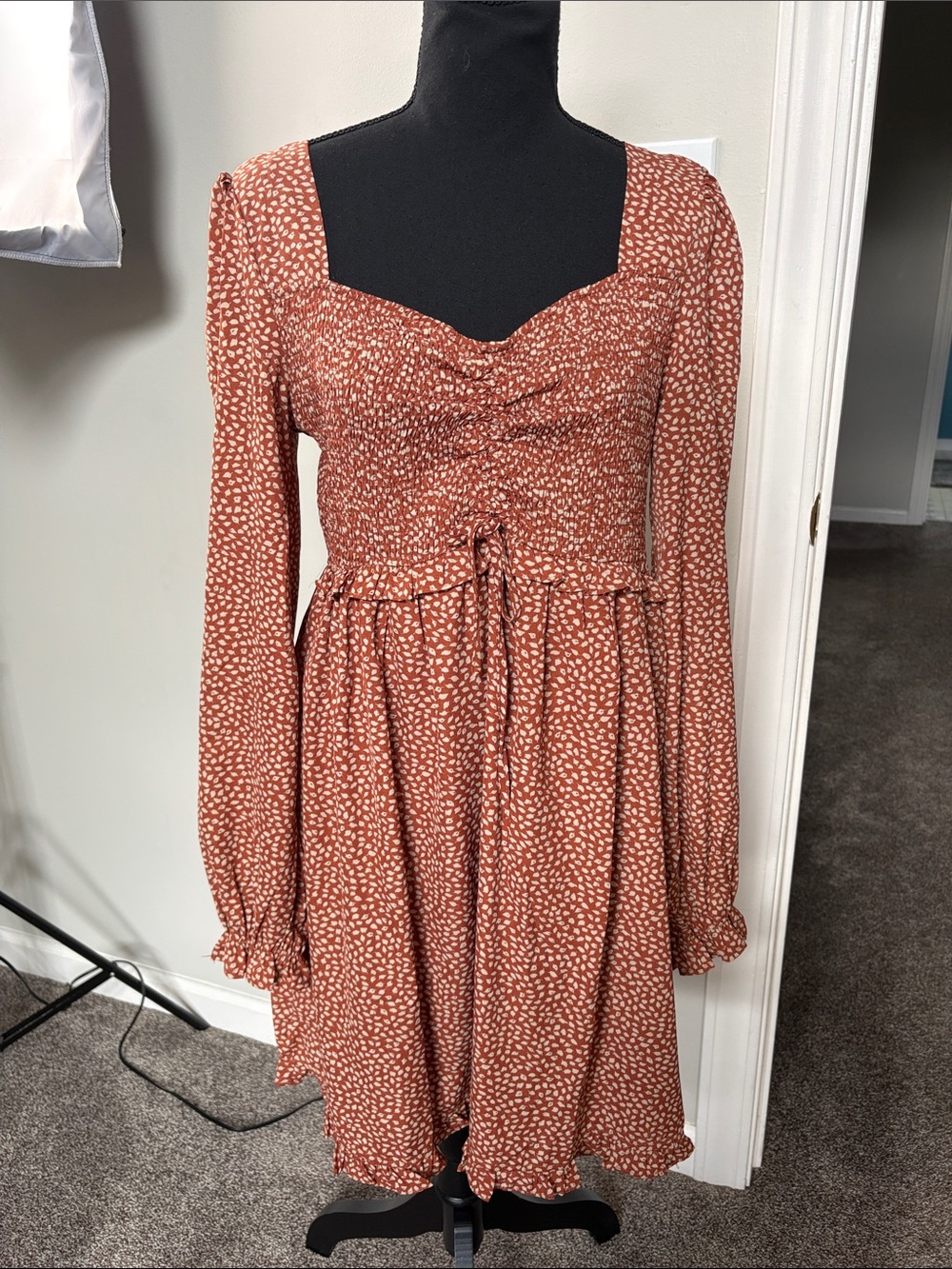 R2 Rust / White Long-Sleeve Smocked Empire Dress